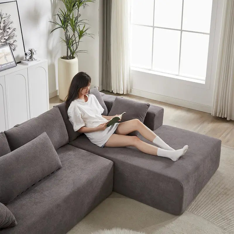 108 Chenille Modular L-Shaped Sectional Sofa with 6 Pillows, Reversible Chaise