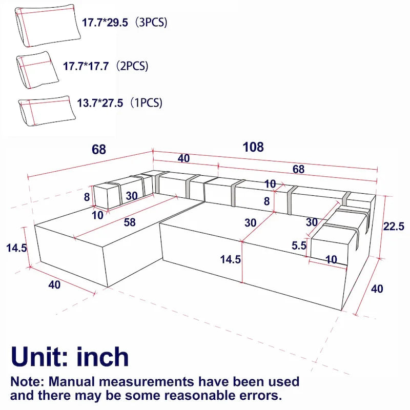 108 Chenille Modular L-Shaped Sectional Sofa with 6 Pillows, Reversible Chaise