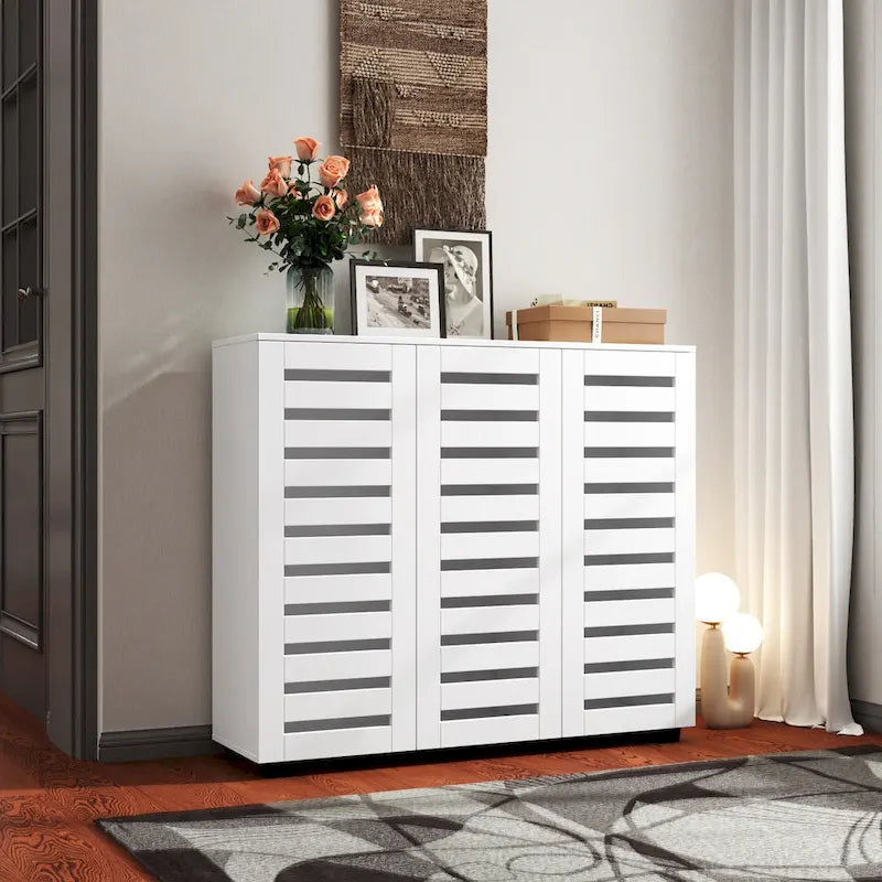 Free Standing Shoe Rack Adjustable Storage Organizer 4 Tier Shoe Rack Shelves, Shoe Cabinet with Louvered Doors