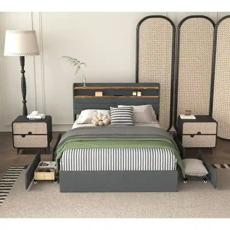 Letto matrimoniale con contenitore - 4 cassetti, base imbottita con LED e ricarica USB