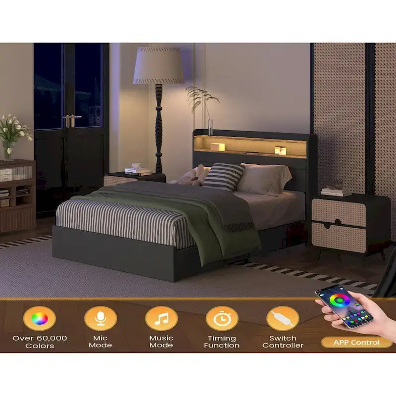 Letto matrimoniale con contenitore - 4 cassetti, base imbottita con LED e ricarica USB