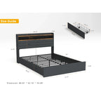 Letto matrimoniale con contenitore - 4 cassetti, base imbottita con LED e ricarica USB
