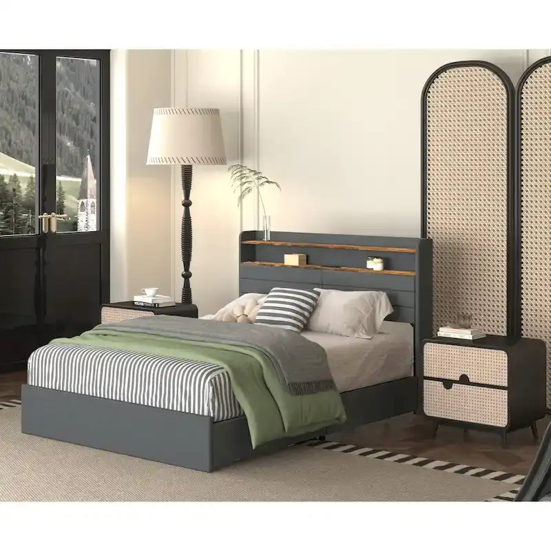 Letto matrimoniale con contenitore - 4 cassetti, base imbottita con LED e ricarica USB