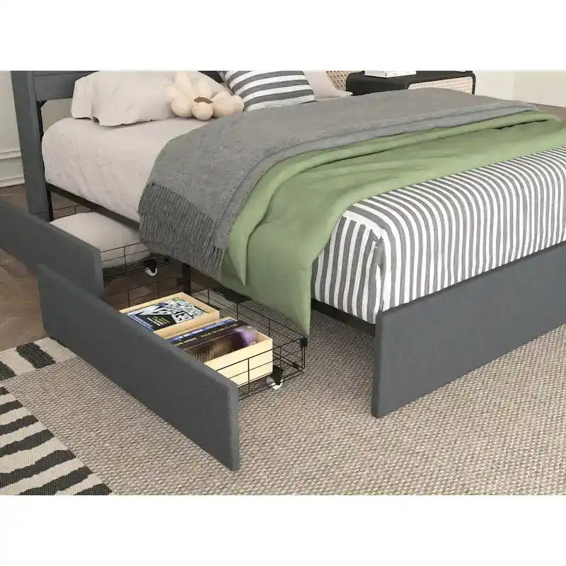 Letto matrimoniale con contenitore - 4 cassetti, base imbottita con LED e ricarica USB