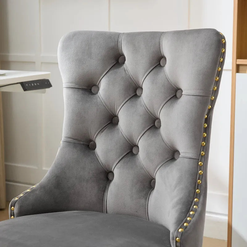 A&A Gray Velvet Tufted Home Office Chair with Golden Metal Base - Adjustable Swivel Desk Chair