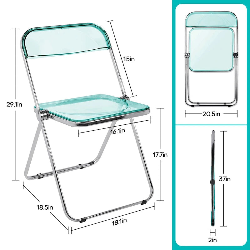 Sedia da pranzo pieghevole impilabile in acrilico trasparente con telaio in metallo, singola - 29.1(H) x 18.1(W) x 18.5(D)