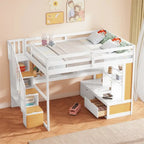 Full Size Loft Bed with Desk and Shelves,Two Drawers,Storage Staircase