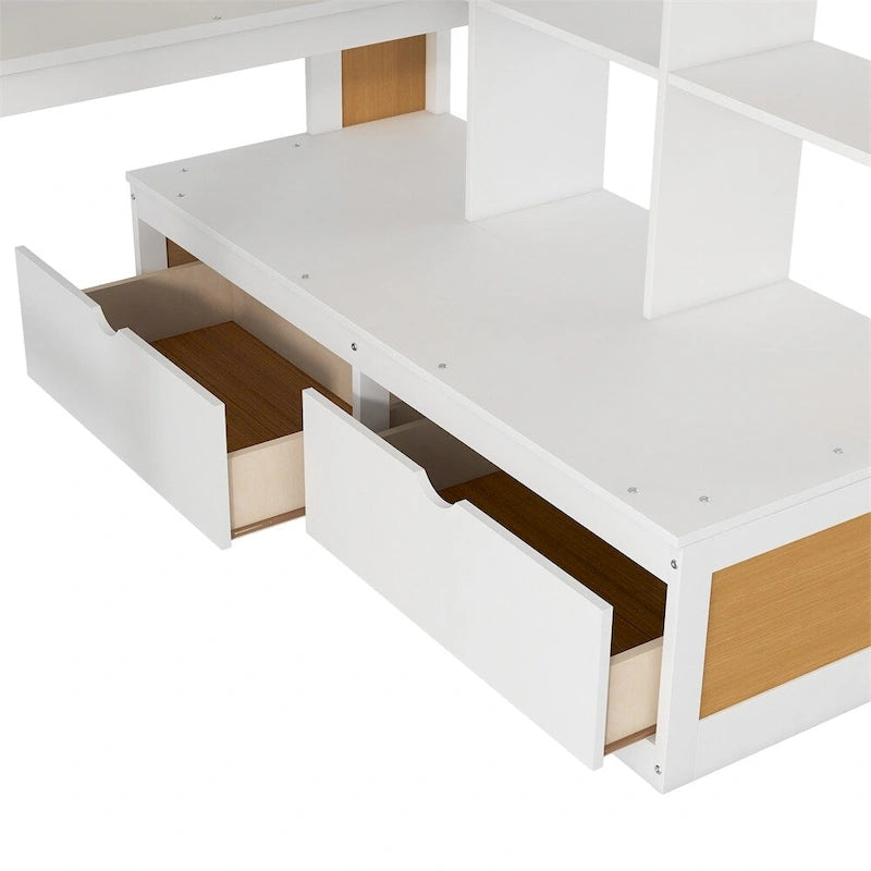 Full Size Loft Bed with Desk and Shelves,Two Drawers,Storage Staircase