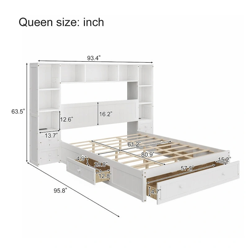Pine Wood Platform Bed with 2 All-in-one Nightstand, Bookcase Cabinet and 2 Charging Stations, 3 Drawers, Captain Bed Frame