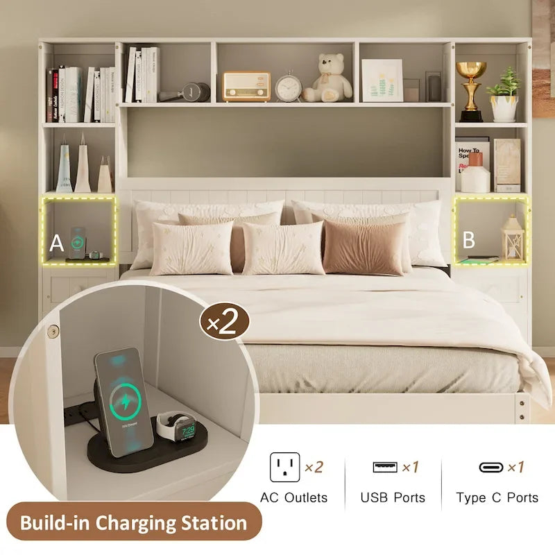 Pine Wood Platform Bed with 2 All-in-one Nightstand, Bookcase Cabinet and 2 Charging Stations, 3 Drawers, Captain Bed Frame