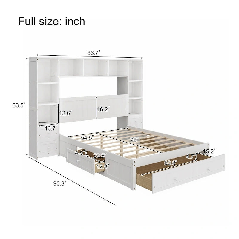 Pine Wood Platform Bed with 2 All-in-one Nightstand, Bookcase Cabinet and 2 Charging Stations, 3 Drawers, Captain Bed Frame