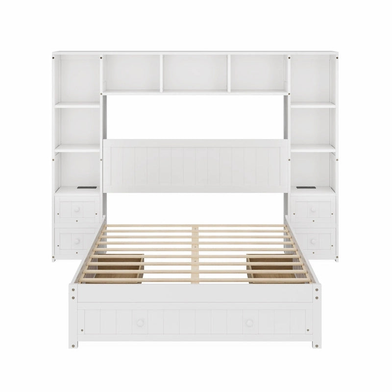 Pine Wood Platform Bed with 2 All-in-one Nightstand, Bookcase Cabinet and 2 Charging Stations, 3 Drawers, Captain Bed Frame
