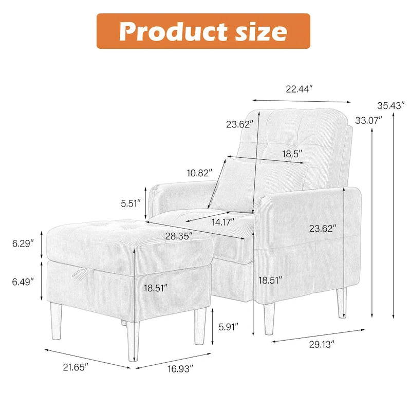 Poltrona accent imbottita con schienale regolabile e pouf contenitore coordinato
