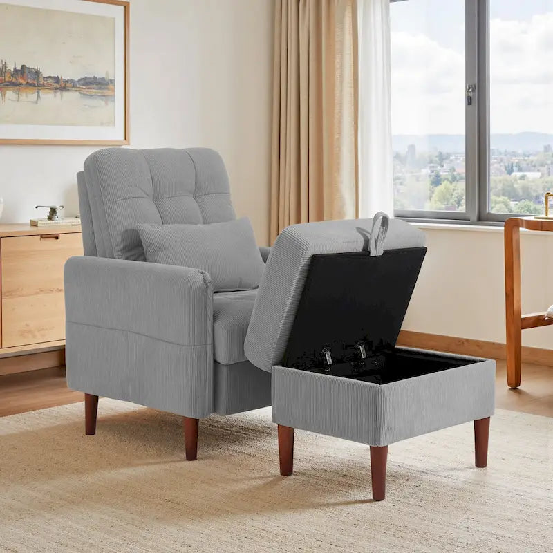 Poltrona accent imbottita con schienale regolabile e pouf contenitore coordinato