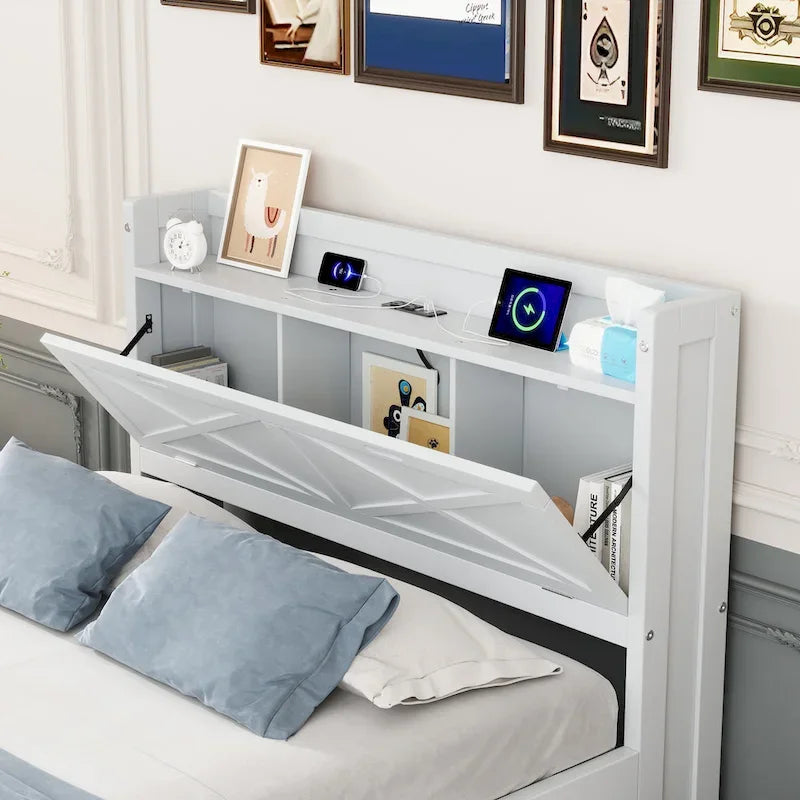 Wooden Platform Bed Outlets on Storage Headboard, Wood Slat Panel Bed Frame with 3 Storage Drawers & Pull-out Trundle Bed
