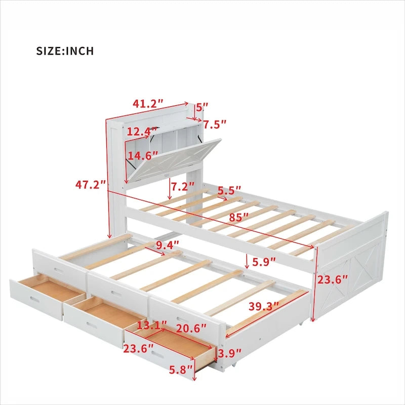 Wooden Platform Bed Outlets on Storage Headboard, Wood Slat Panel Bed Frame with 3 Storage Drawers & Pull-out Trundle Bed