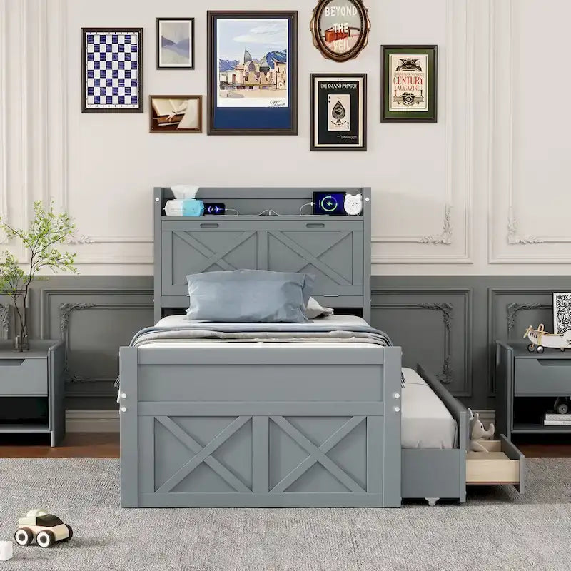 Wooden Platform Bed Outlets on Storage Headboard, Wood Slat Panel Bed Frame with 3 Storage Drawers & Pull-out Trundle Bed