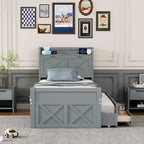 Wooden Platform Bed Outlets on Storage Headboard, Wood Slat Panel Bed Frame with 3 Storage Drawers & Pull-out Trundle Bed