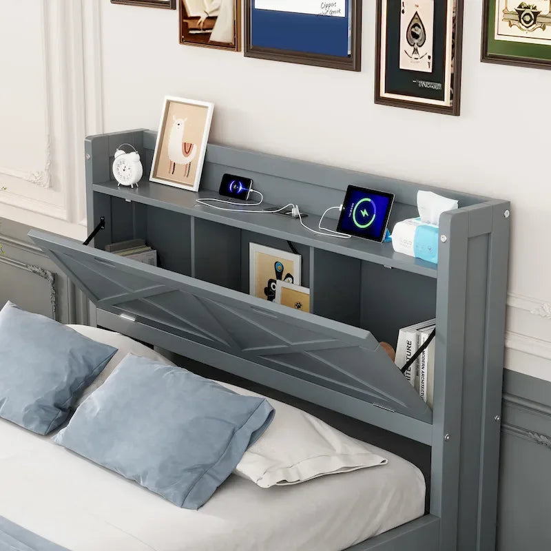 Wooden Platform Bed Outlets on Storage Headboard, Wood Slat Panel Bed Frame with 3 Storage Drawers & Pull-out Trundle Bed