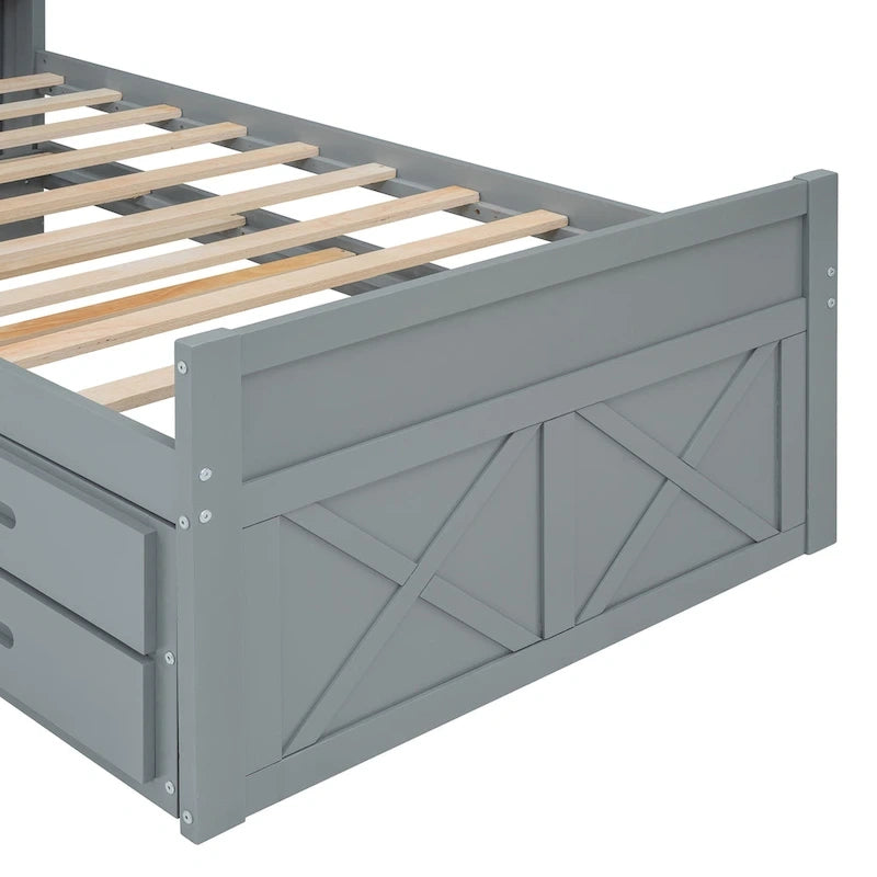 Wooden Platform Bed Outlets on Storage Headboard, Wood Slat Panel Bed Frame with 3 Storage Drawers & Pull-out Trundle Bed