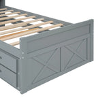 Wooden Platform Bed Outlets on Storage Headboard, Wood Slat Panel Bed Frame with 3 Storage Drawers & Pull-out Trundle Bed