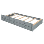 Wooden Platform Bed Outlets on Storage Headboard, Wood Slat Panel Bed Frame with 3 Storage Drawers & Pull-out Trundle Bed