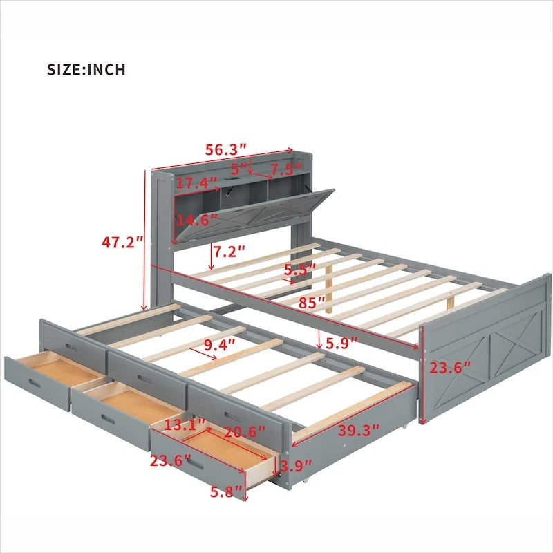 Wooden Platform Bed Outlets on Storage Headboard, Wood Slat Panel Bed Frame with 3 Storage Drawers & Pull-out Trundle Bed