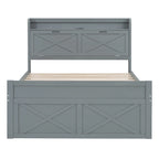 Wooden Platform Bed Outlets on Storage Headboard, Wood Slat Panel Bed Frame with 3 Storage Drawers & Pull-out Trundle Bed