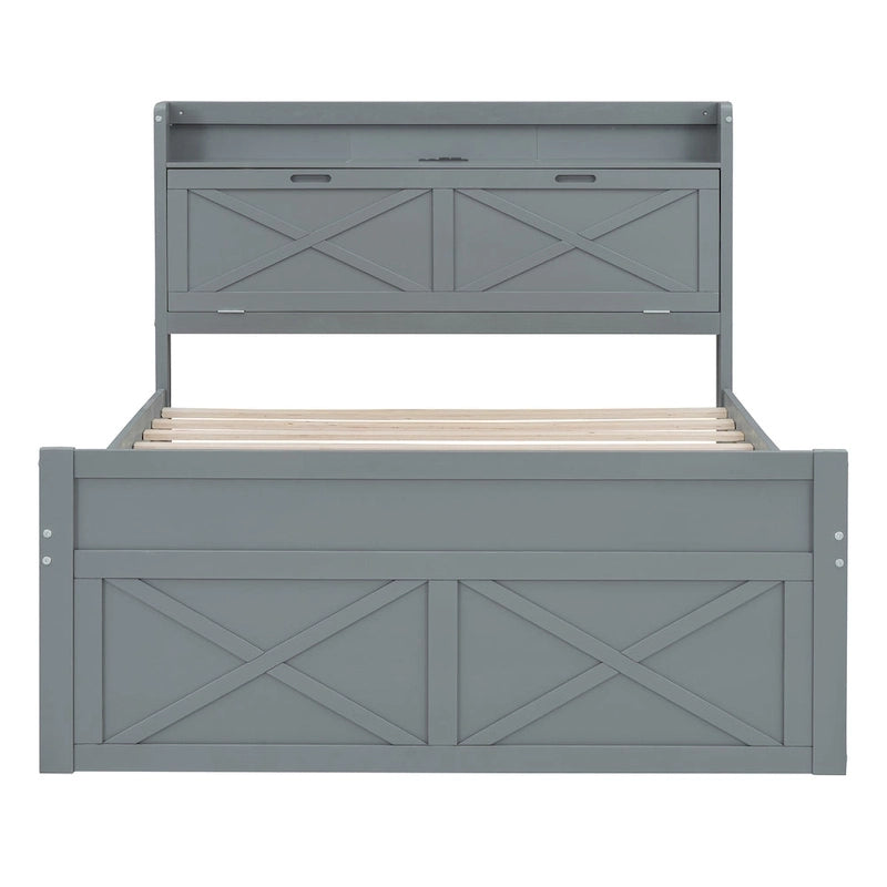 Wooden Platform Bed Outlets on Storage Headboard, Wood Slat Panel Bed Frame with 3 Storage Drawers & Pull-out Trundle Bed