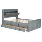 Wooden Platform Bed Outlets on Storage Headboard, Wood Slat Panel Bed Frame with 3 Storage Drawers & Pull-out Trundle Bed