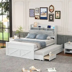 Wooden Platform Bed Outlets on Storage Headboard, Wood Slat Panel Bed Frame with 3 Storage Drawers & Pull-out Trundle Bed