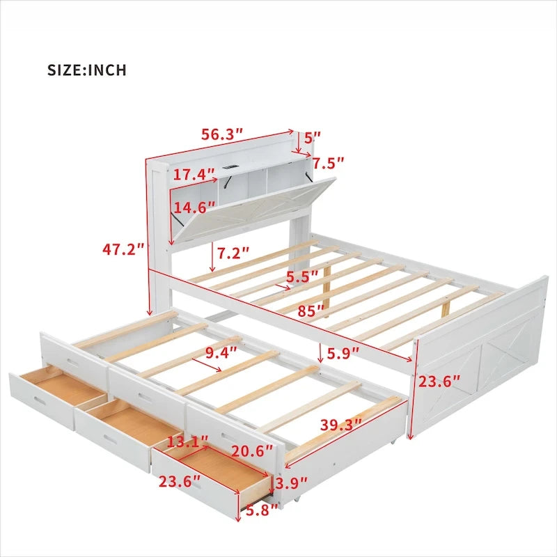 Wooden Platform Bed Outlets on Storage Headboard, Wood Slat Panel Bed Frame with 3 Storage Drawers & Pull-out Trundle Bed