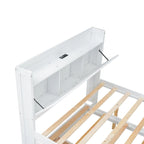 Wooden Platform Bed Outlets on Storage Headboard, Wood Slat Panel Bed Frame with 3 Storage Drawers & Pull-out Trundle Bed