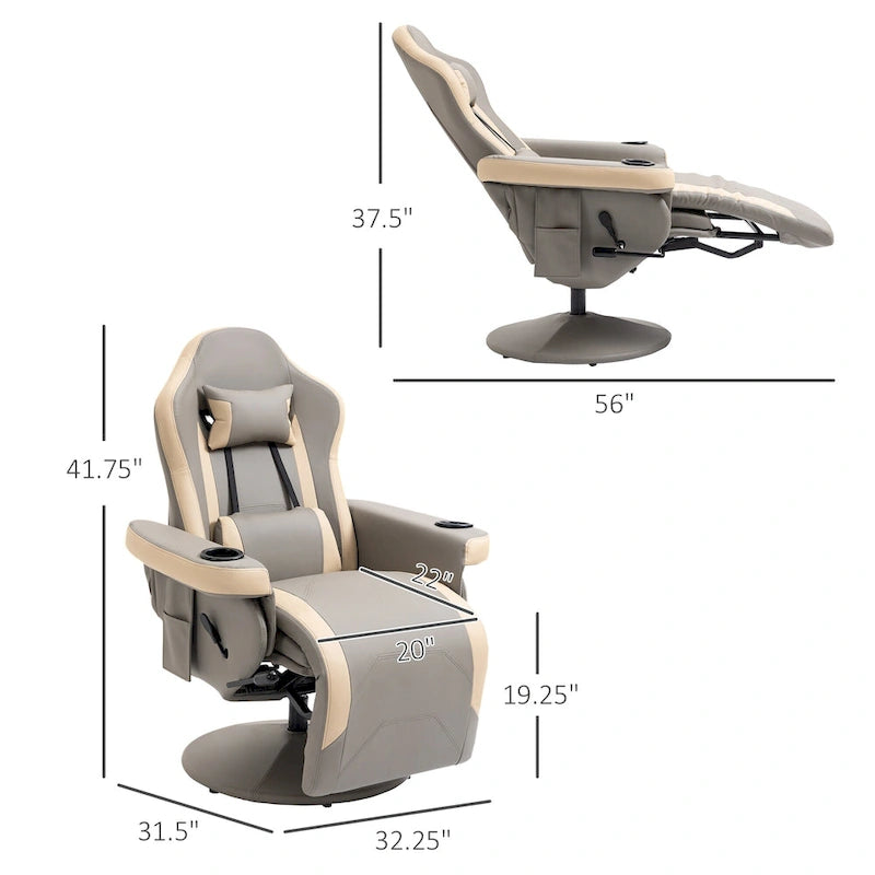 Poltrona reclinabile manuale in pelle PU con reclinazione a 135°, poggiapiedi regolabile, girevole a 360°, portabicchieri e tasche portaoggetti