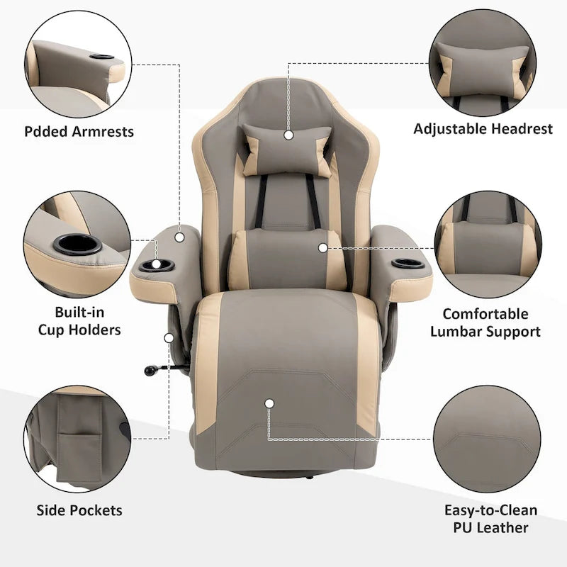 Poltrona reclinabile manuale in pelle PU con reclinazione a 135°, poggiapiedi regolabile, girevole a 360°, portabicchieri e tasche portaoggetti
