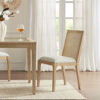 Rattan Hollow Backrest Upholstered Dining Chair Side Chair Set of 2
