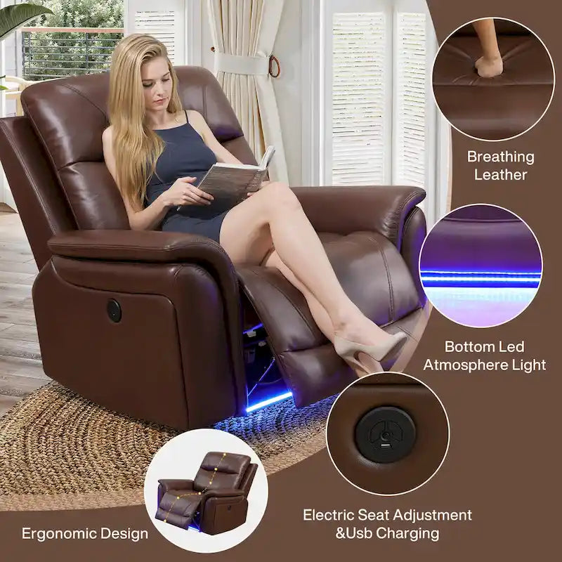 LED Breathing Leather 3-Piece Recliner Sofa Set for Living Room
