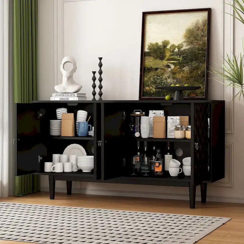 Modern 4-Door Sideboard with Convex Pattern Doors & 2 Silver Handle