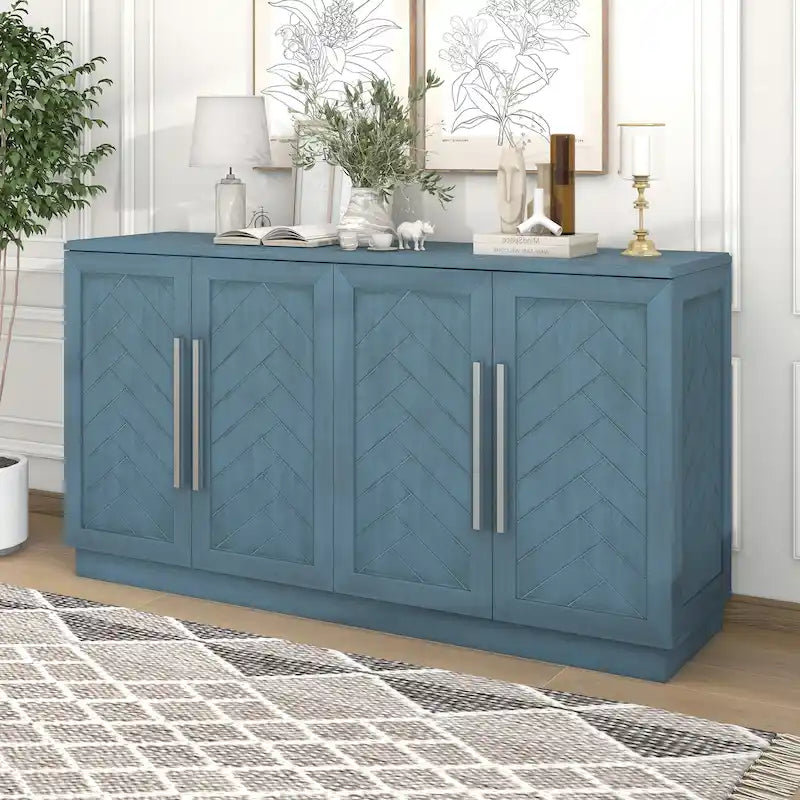 White Striped Sideboard Cabinet - 60" with Adjustable Shelves