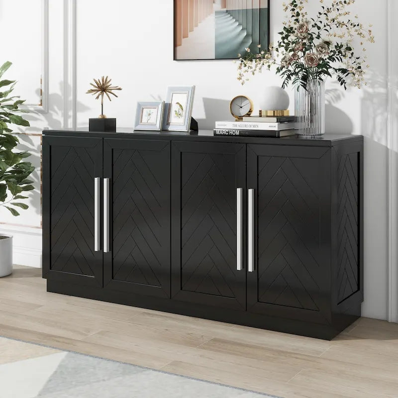White Striped Sideboard Cabinet - 60" with Adjustable Shelves