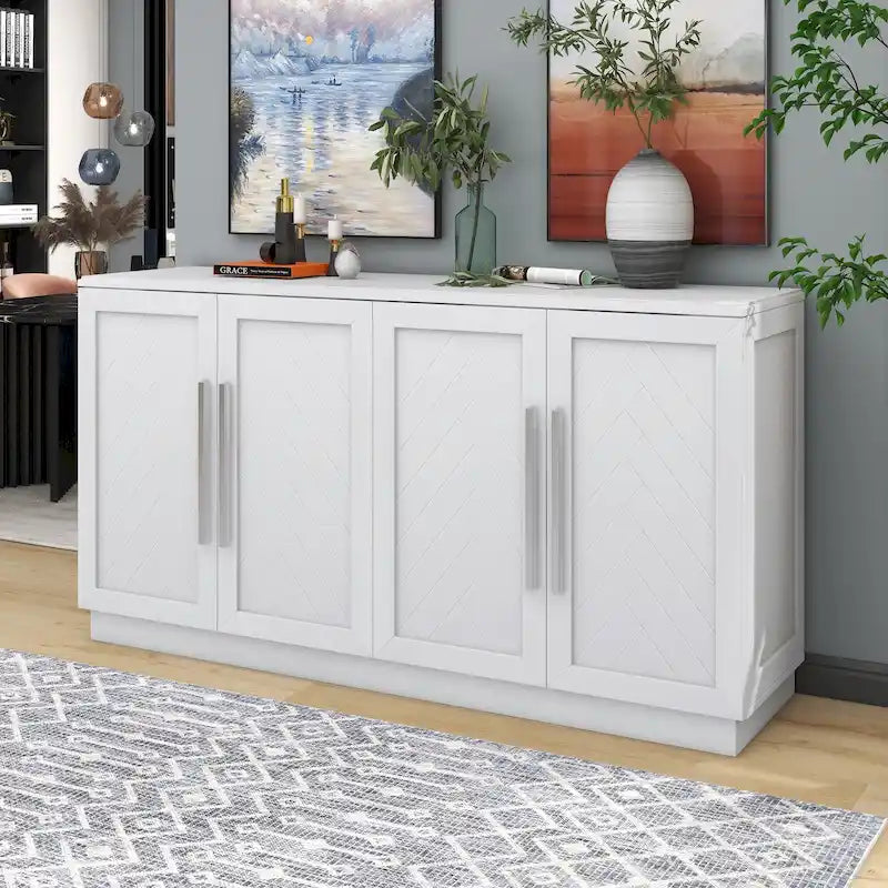 White Striped Sideboard Cabinet - 60" with Adjustable Shelves