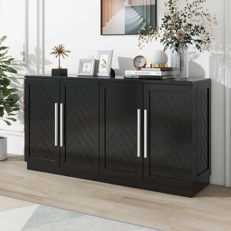 White Striped Sideboard Cabinet - 60" with Adjustable Shelves