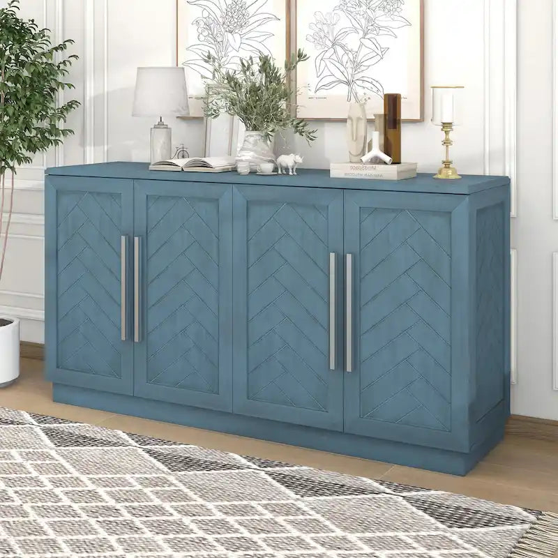 White Striped Sideboard Cabinet - 60" with Adjustable Shelves
