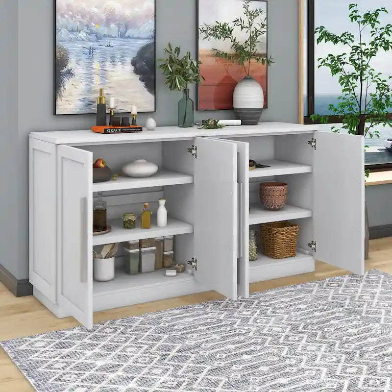White Striped Sideboard Cabinet - 60" with Adjustable Shelves