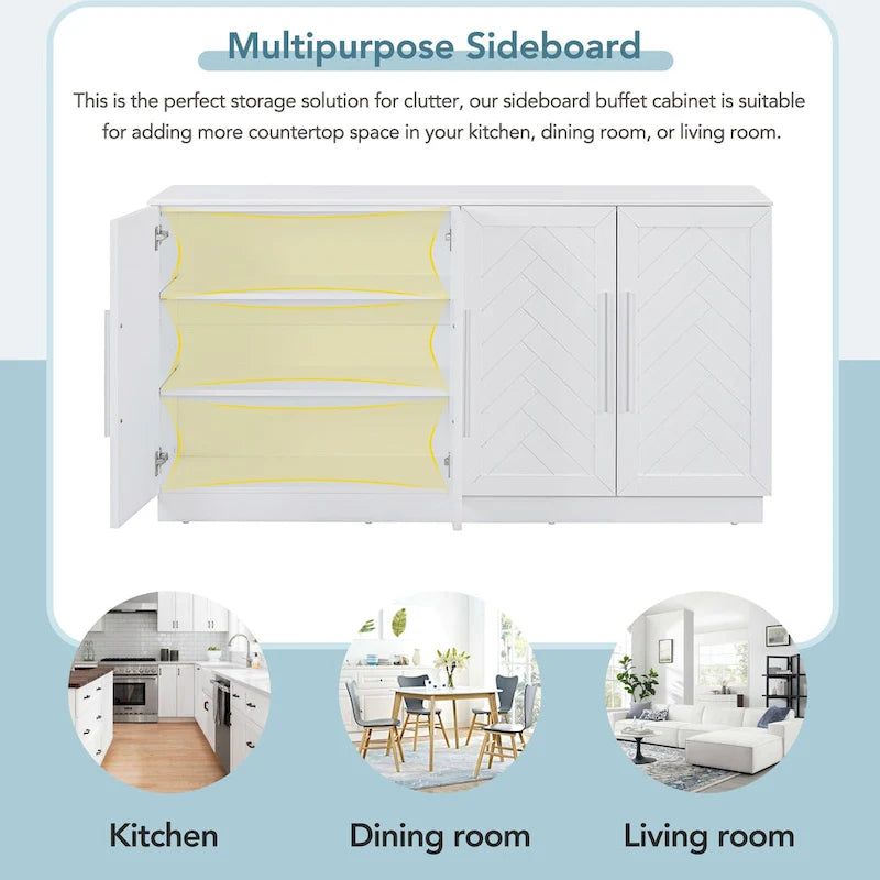 White Striped Sideboard Cabinet - 60" with Adjustable Shelves
