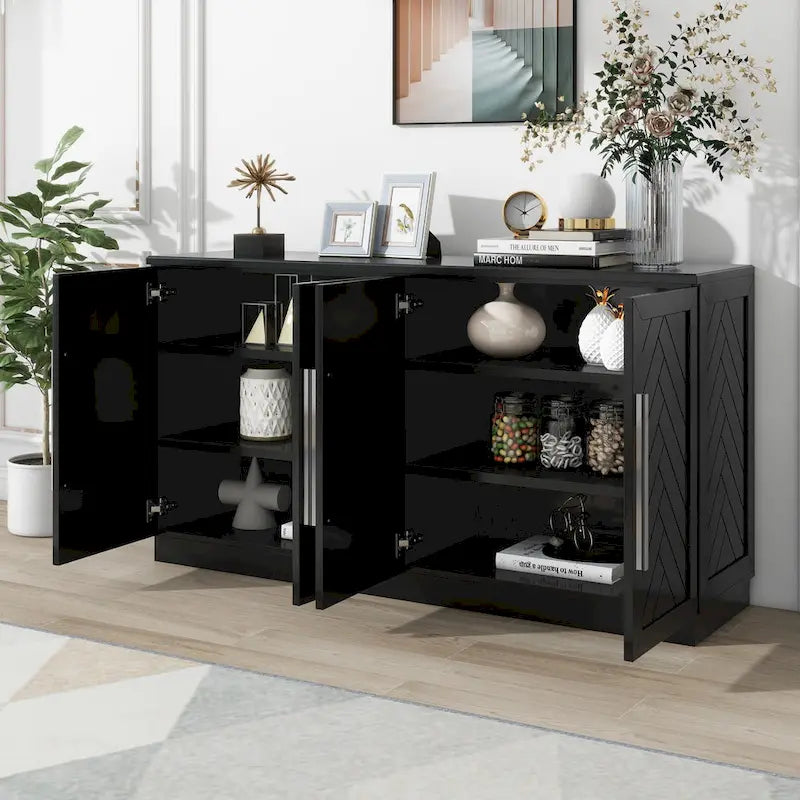 White Striped Sideboard Cabinet - 60" with Adjustable Shelves