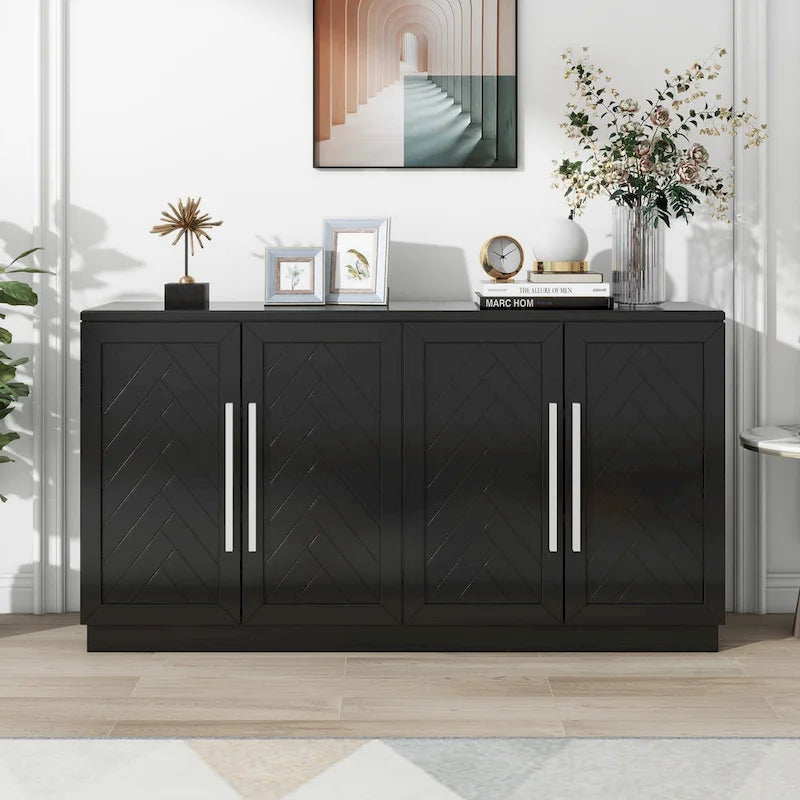 White Striped Sideboard Cabinet - 60" with Adjustable Shelves