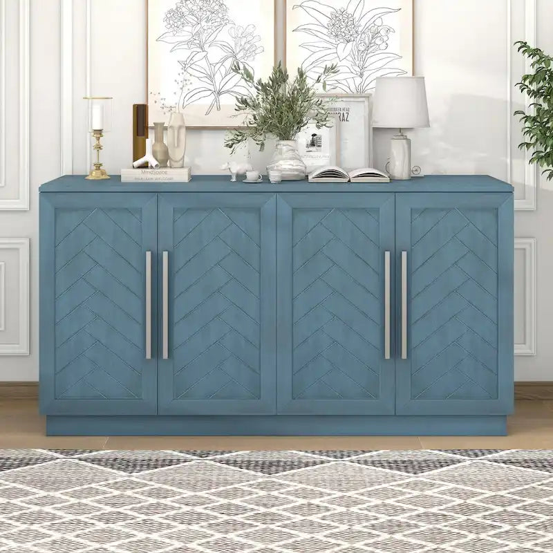 White Striped Sideboard Cabinet - 60" with Adjustable Shelves