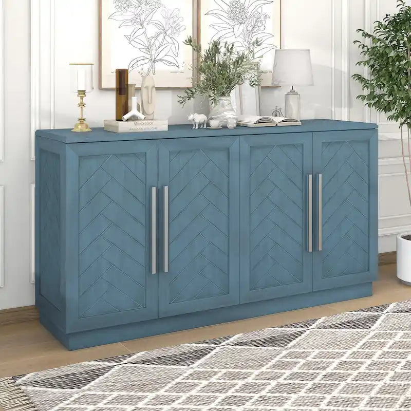 White Striped Sideboard Cabinet - 60" with Adjustable Shelves