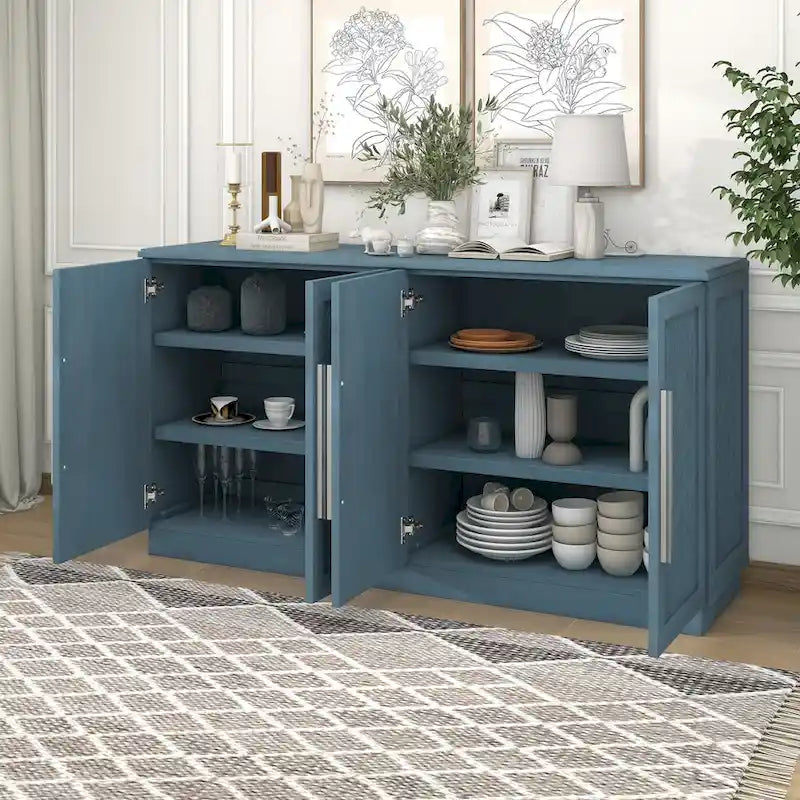 White Striped Sideboard Cabinet - 60" with Adjustable Shelves